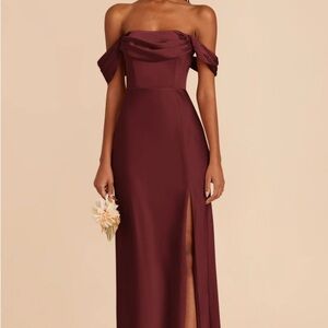 Off-Shoulder Burgundy Evening Dress with Front Slit. Bridesmaid Cabernet